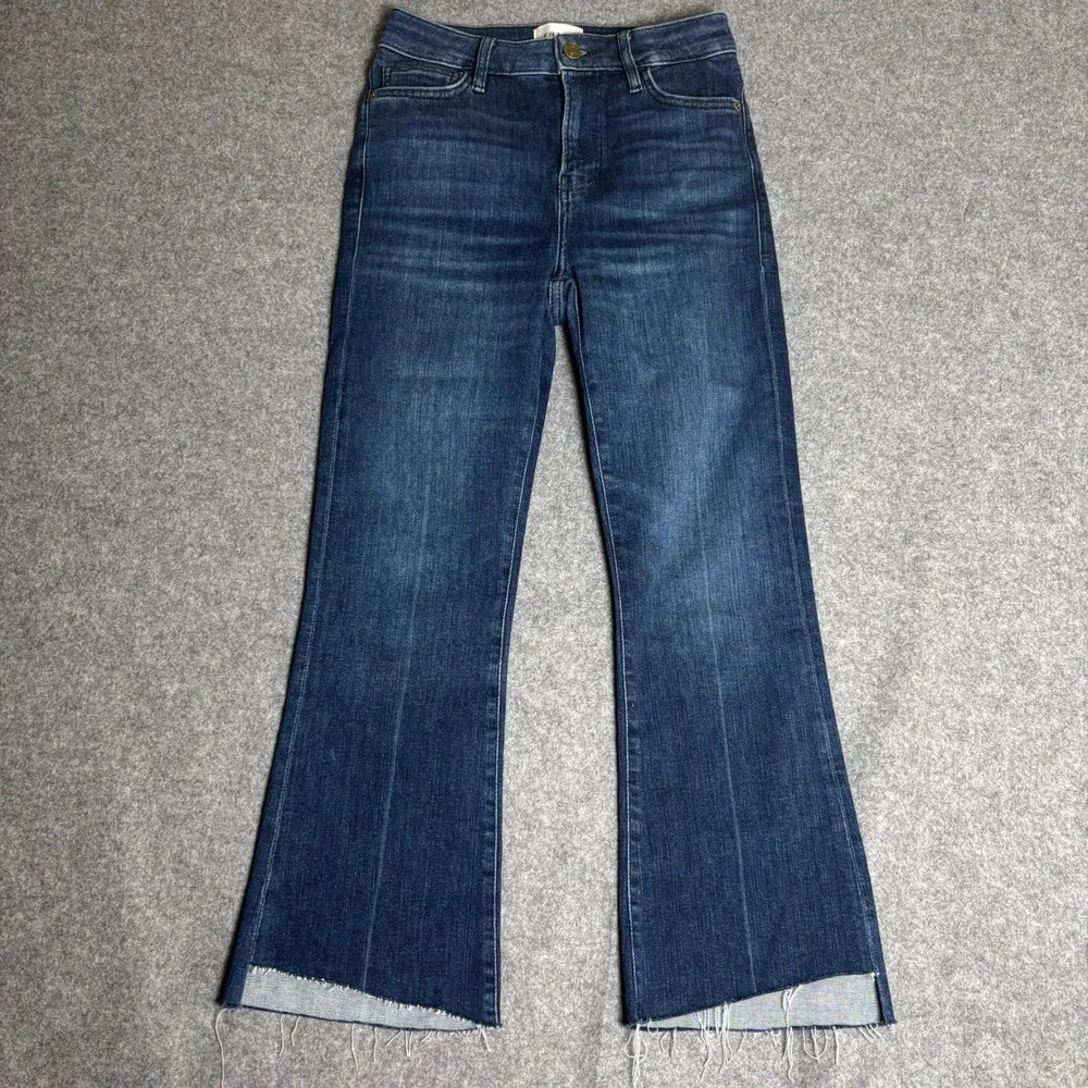 Frame Blue Le Crop Mini Boot Flare Wide Leg Frayed Raw Hem Denim Jeans Womens 26 - Picture 1 of 8